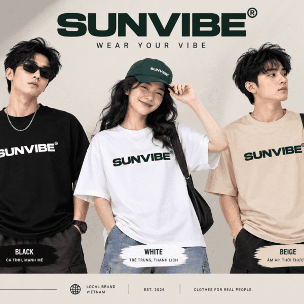 Áo thun SUNVIBE Basic Logo unisex màu đen trắng và be