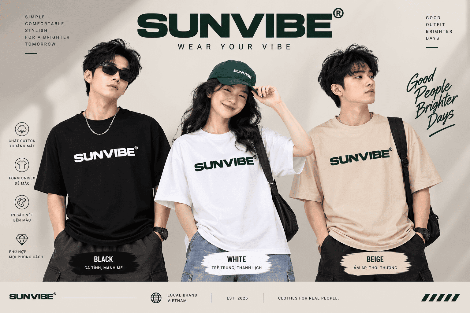 Áo thun SUNVIBE Basic Logo unisex màu đen trắng và be Áo thun SUNVIBE Basic Logo unisex màu đen trắng và be