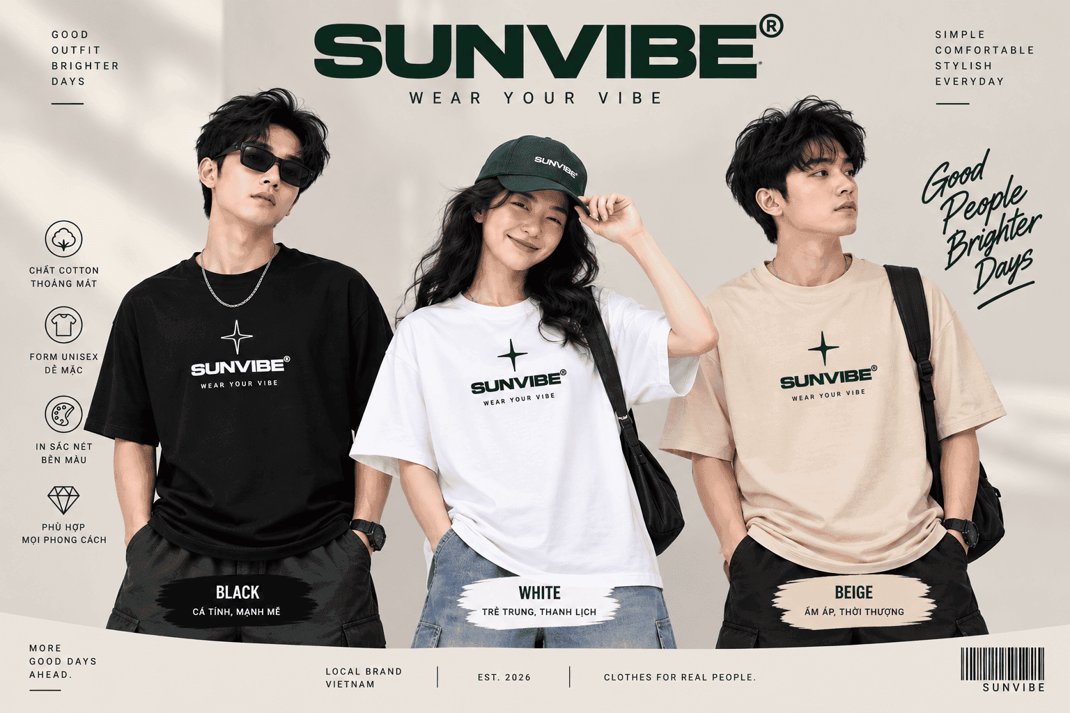 Áo thun SUNVIBE Minimal Star unisex màu đen trắng và be Áo thun SUNVIBE Minimal Star unisex màu đen trắng và be