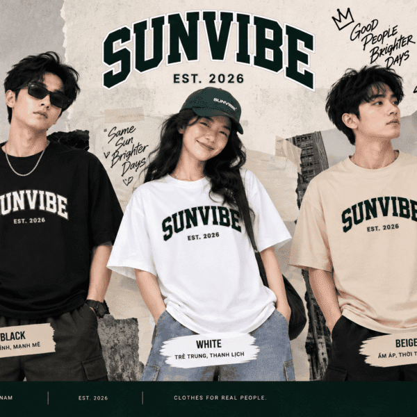 Áo thun SUNVIBE Type Classic unisex màu đen trắng và be phong cách collegiate streetwear
