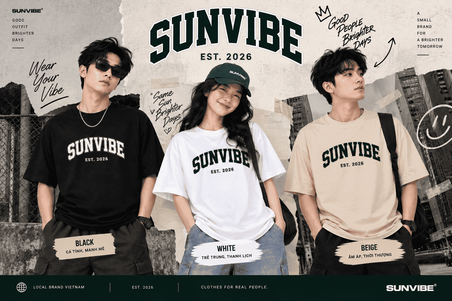 Áo thun SUNVIBE Type Classic unisex màu đen trắng và be phong cách collegiate streetwear Áo thun SUNVIBE Type Classic unisex màu đen trắng và be phong cách collegiate streetwear
