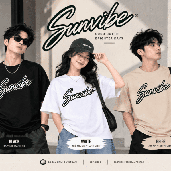 Áo thun SUNVIBE Signature Script unisex màu đen trắng và be