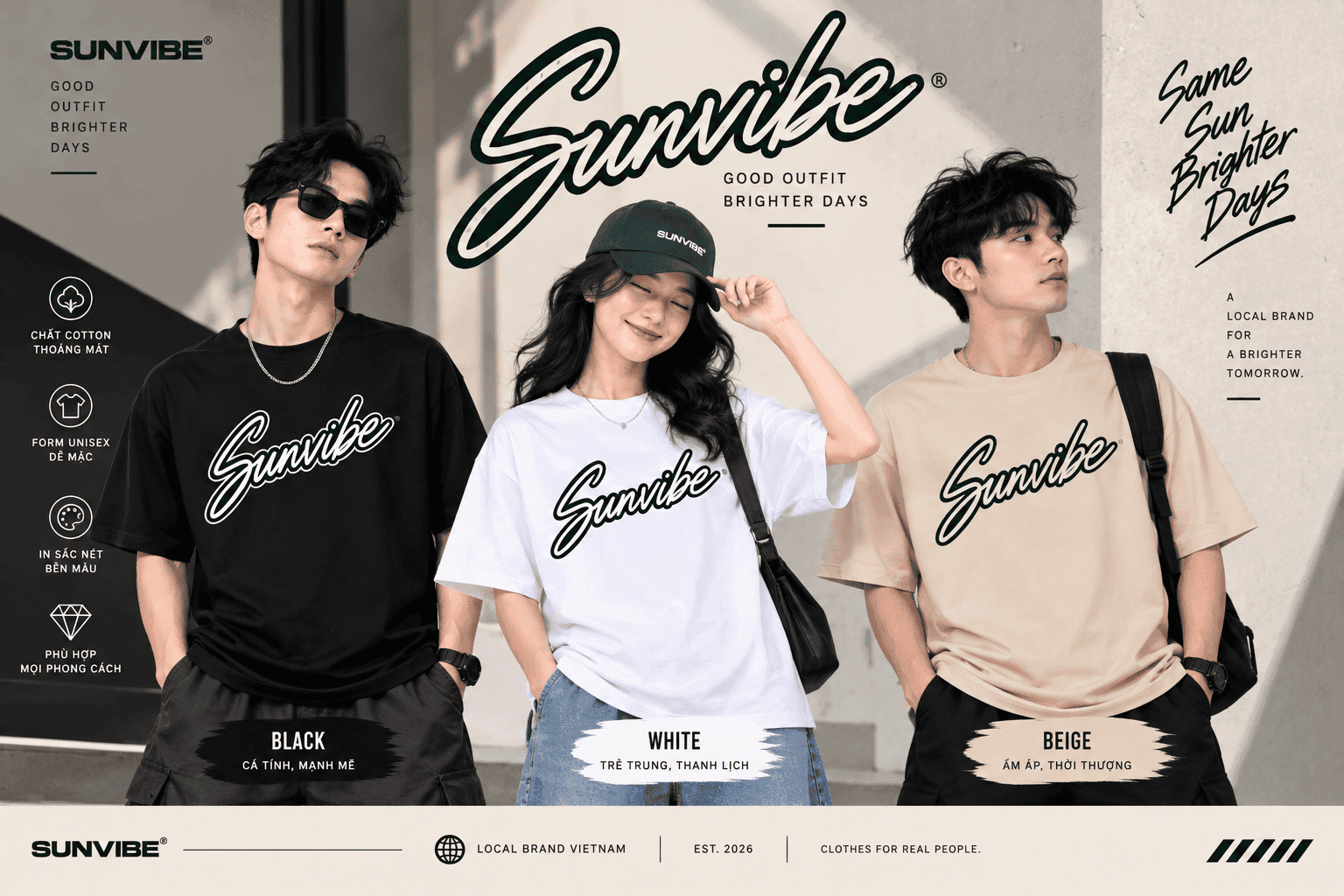 Áo thun SUNVIBE Signature Script unisex màu đen trắng và be Áo thun SUNVIBE Signature Script unisex màu đen trắng và be