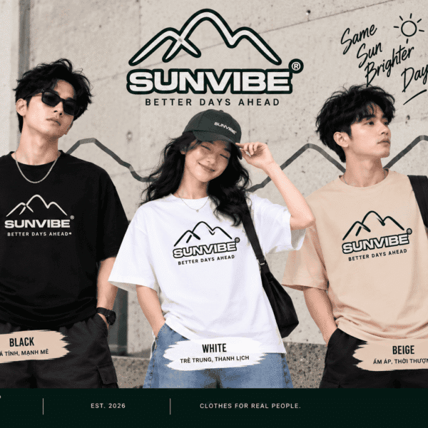 Áo thun SUNVIBE Line Art unisex hình núi màu đen trắng và be