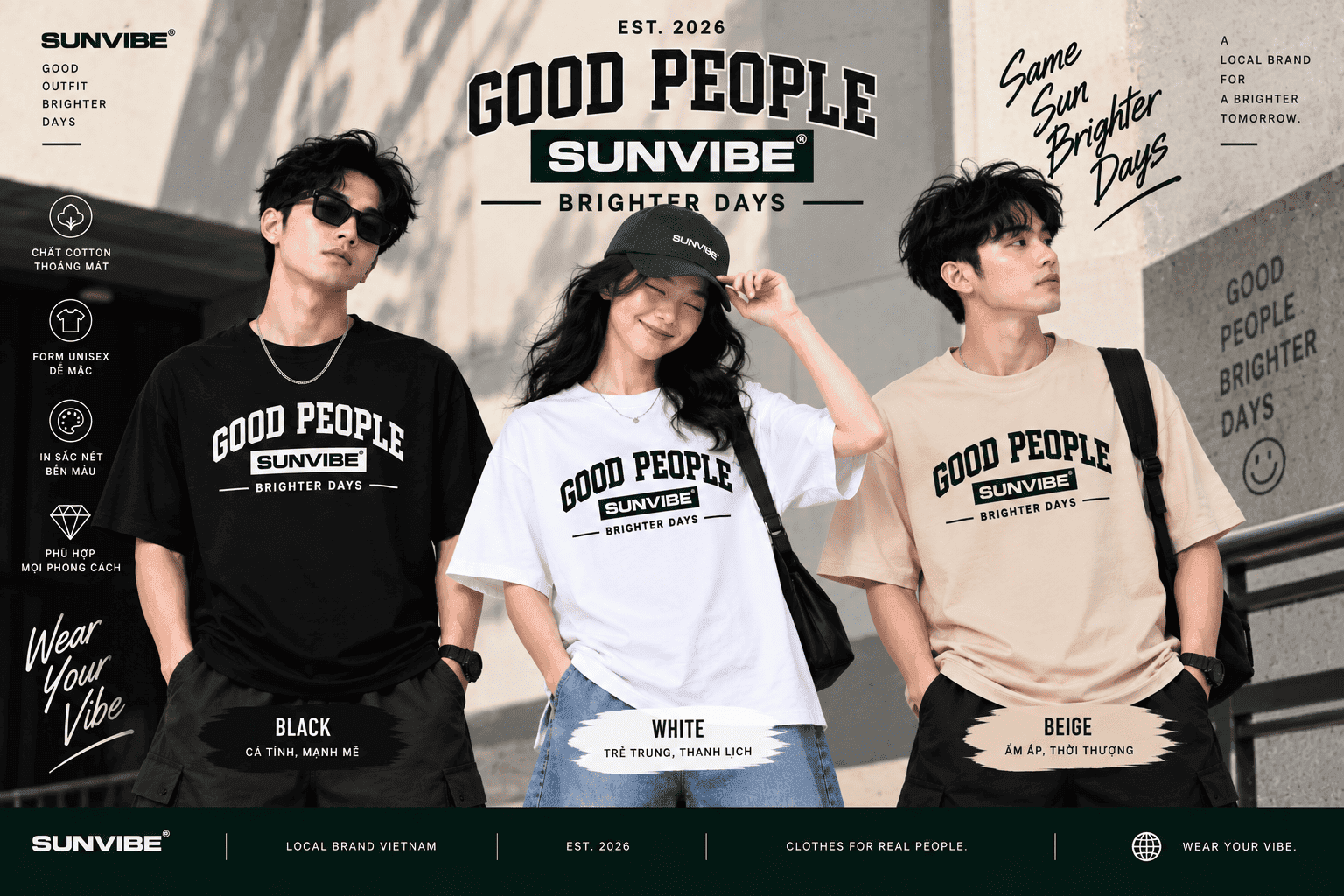Áo thun SUNVIBE Small Text unisex Good People Brighter Days màu đen trắng và be Áo thun SUNVIBE Small Text unisex Good People Brighter Days màu đen trắng và be