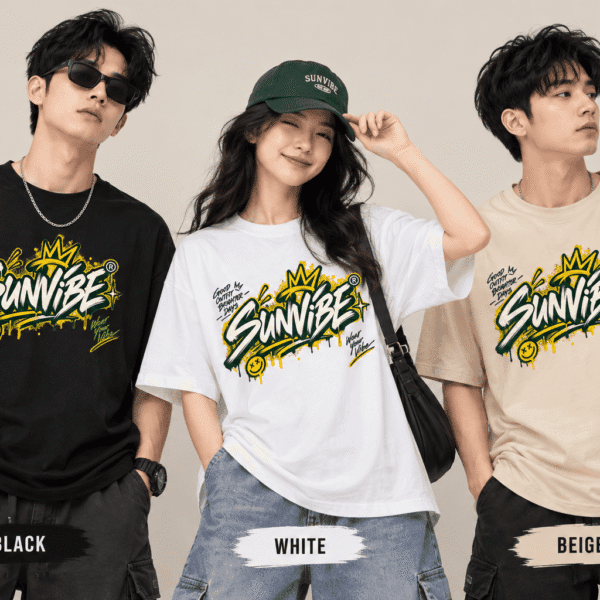 Áo thun SUNVIBE Graphic Tee unisex màu đen trắng và be phong cách streetwear