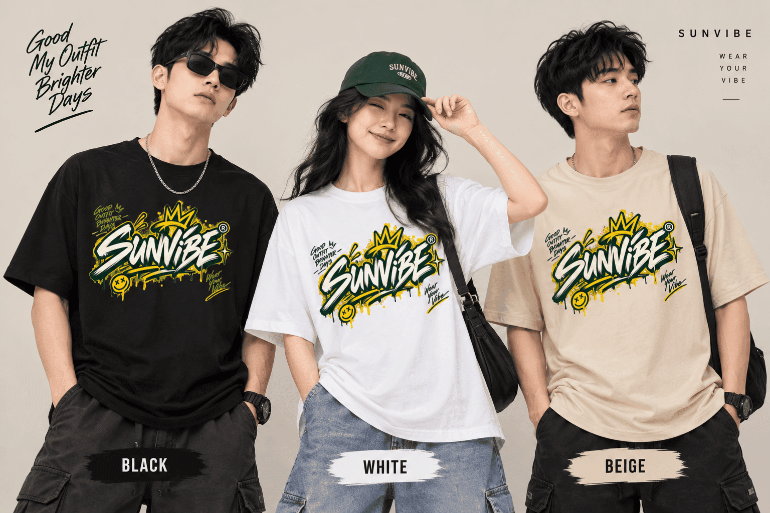 Áo thun SUNVIBE Graphic Tee unisex màu đen trắng và be phong cách streetwear Áo thun SUNVIBE Graphic Tee unisex màu đen trắng và be phong cách streetwear