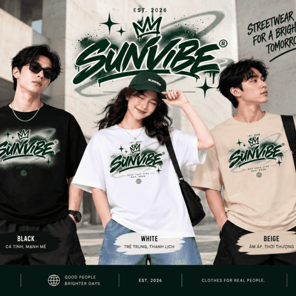 Áo thun SUNVIBE Graphic Strip unisex màu đen trắng và be dành cho nam nữ